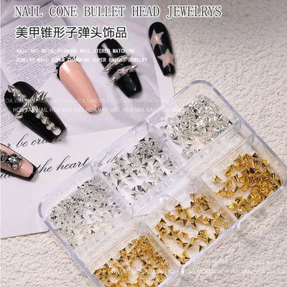 6Grids 3D Mini Punk Metal Rivet Nail Art Charms 1.5/2/3mm Gold Silver Cone Spike Studs Nails Jewels DIY Manicure Decorations ZB