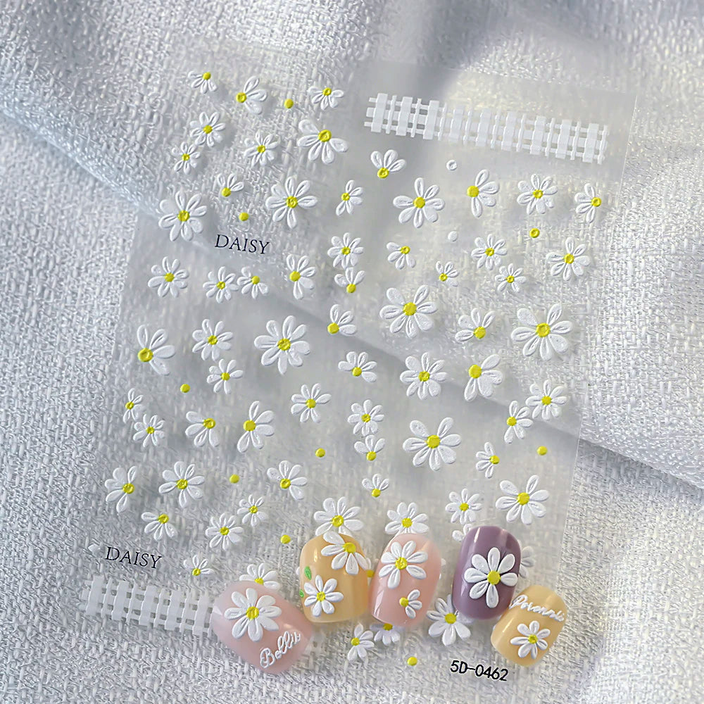 2pcs 5D White Daisy Design Nail Art Stickers Embossed Daisy Floret Green Leaf Nail Art Decals DIY Spring Summer Decor Stickers