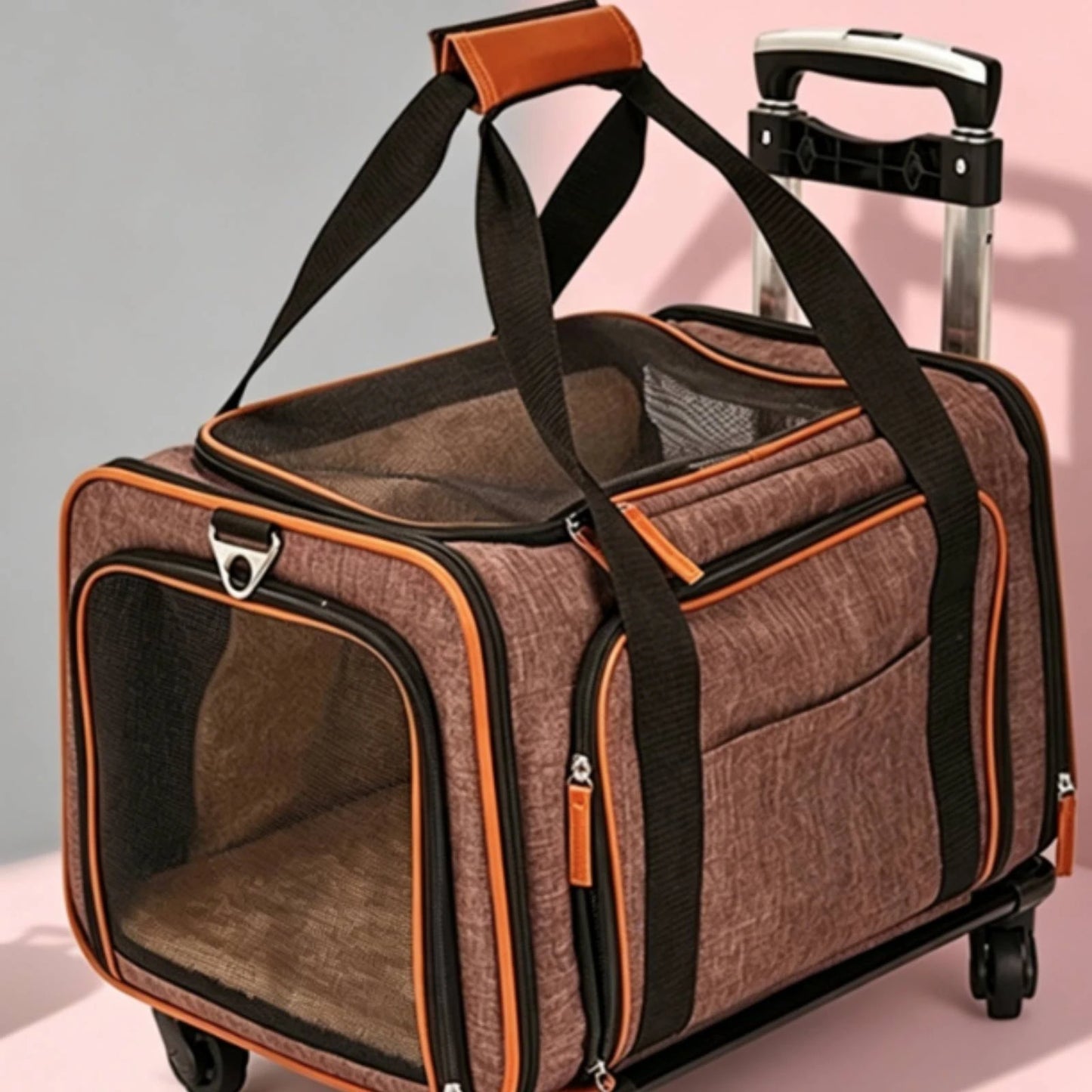 Rolling Mesh Pet Carrier Soft-sided Animal Carrier Breathable Mesh Windows Telescoping Handle for Convenient Transport