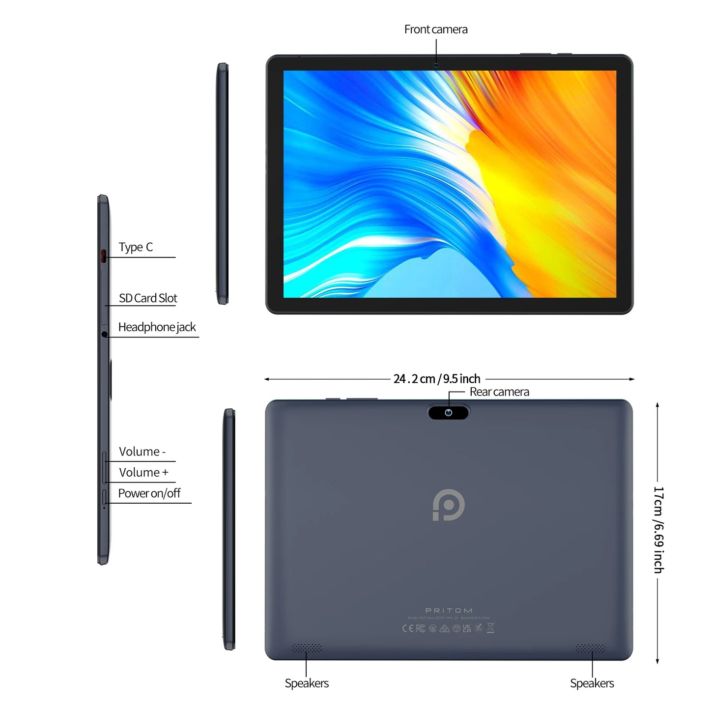 PRITOM M10 10.1 Inch Android Tablet PC 64GB ROM Quad-core HD IPS Screen WiFi GPS