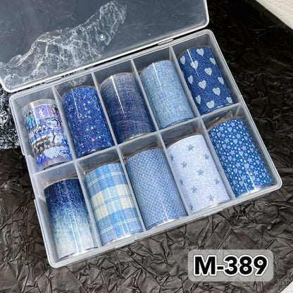 10 Rolls New Design Fresh Nail Foils for Transfer Paper Sticker Plaid Sliders Denim Nails Wraps DIY Bowknot Nail Art Decorations