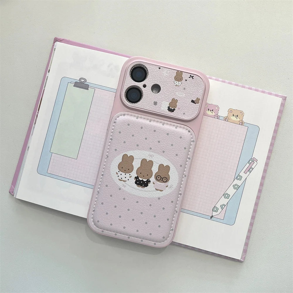 Polkadot Leather Funny Miffy Rabbit phone case for iPhone 15 Pro 14 13 16 Max 17 Pro Max Cover With Chain Cute Cartoon Cases Cap
