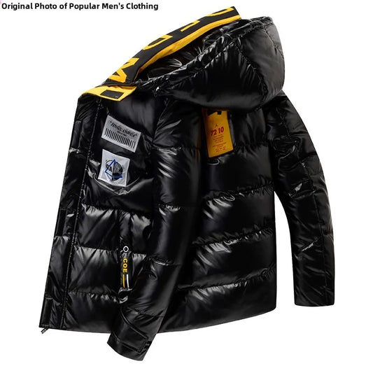 New Winter Men's down Jacket Thickened Short Bright Leather Fur Collar Warmth Anti-Cold Youth Short Stylish Polyester Fiber