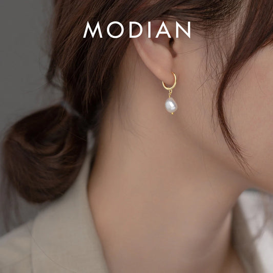 Modian 925 Sterling Silver Baroque Pearl Ear Buckles For Women Trendy Bright Simple Hoop Earrings Fine Jewelry Luxury Gift