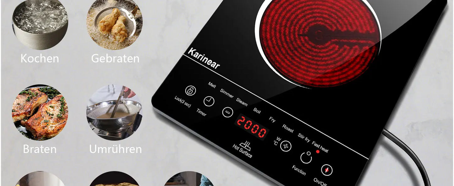 Karinear Glass Ceramic Hob 1 Plate Portable, 650 °C Max, Ceramic Hob 1 Freestanding, 2000 W, Hob 1 Hob with Plug, Timer