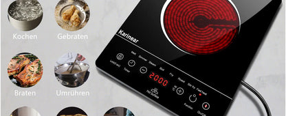 Karinear Glass Ceramic Hob 1 Plate Portable, 650 °C Max, Ceramic Hob 1 Freestanding, 2000 W, Hob 1 Hob with Plug, Timer