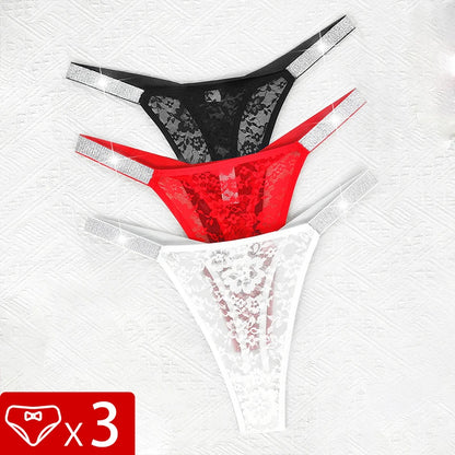 3pcs Sexy Thongs Lace Women Underwear Perspective Floral Panties Low Rise Two Shiny Belts G-string Comfortable Intimate Lingerie