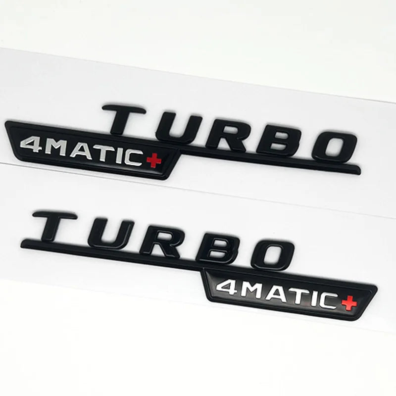 2pcs Car Letters Fender Trim Badge Turbo 4matic Plus Emblem Sticker For Mercedes AMG A45 CLA45 C117 GLA45 GLE53 X247 Accessories