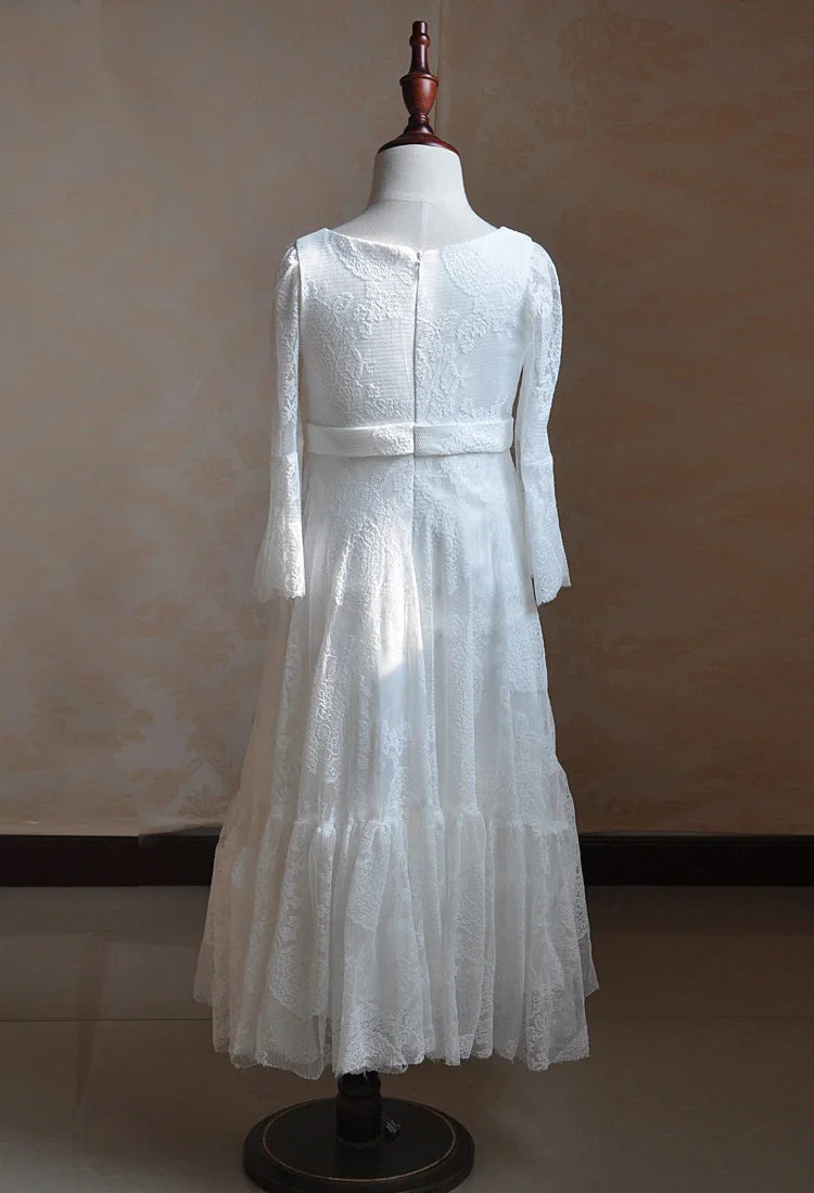 Kids Clothes White Lace Girls Full Sleeve Princess Dress Wedding Fancy Girl Long Dresses Elegant Evening Party Ball Gown 2 to 14
