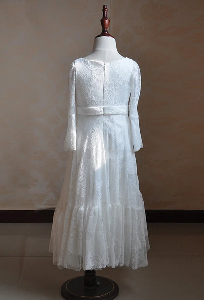 Kids Clothes White Lace Girls Full Sleeve Princess Dress Wedding Fancy Girl Long Dresses Elegant Evening Party Ball Gown 2 to 14