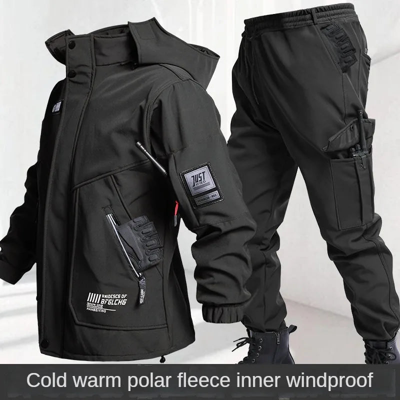 Autumn And Winter Solid Color Hooded And Velvet Assault Set Outdoor Labor Protection Suit Casual Mountaineering Work Suit