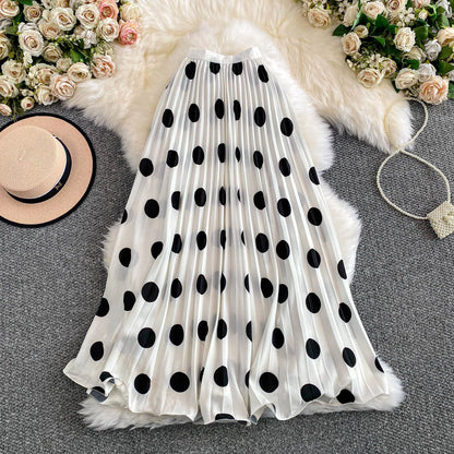 2026 Pleated Skirt Elastic Waist Polka Dot Fashion Printed Slim Pleated Skirt Women's Summer New Beach Vacation Mid-length Skirt