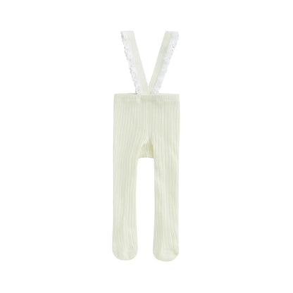 Infant Baby Girls Suspender Pantyhose, High Waist Lace Plain Rib Knitted Footed Leggings Tights 0-1Years