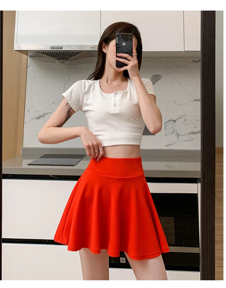 Summer Basic Skirts Women Shorts Mini Elastic Pleated Skirts High Waist Bubble Sun Skirts School Girl Uniform Lined Safety Pants
