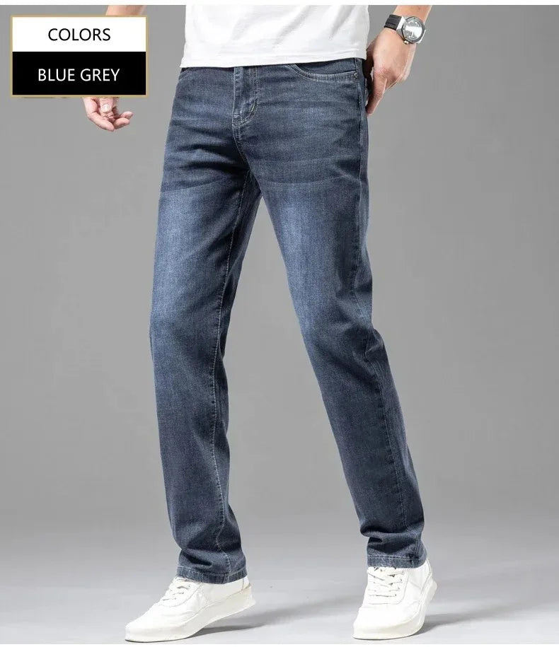 Summer Elastic Men's Jeans Fashion Gray Comfortable Business Straight Stretch Cotton Casual Denim Pants Brand Male Thin Trousers