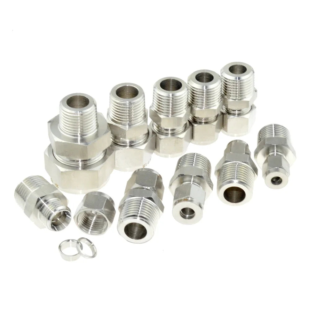 SS 304 Double Ferrule Compression Connector 8mm 10mm 12mm 1/4 1/2 Tube 1/8 1/4" 1/2" Male NPT BSP Stainless Steel Pipe Fitting