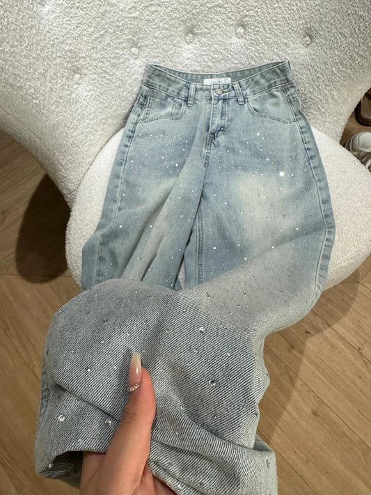 Retro Rhinestone Jeans for Women 2026 New Casual Straight Leg Denim Pants Spring Light Blue Narrow Wide Leg Trousers