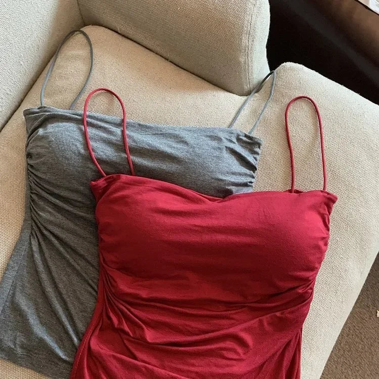 Women With Built In Bra Spaghetti Strap Tanks Summer Camis Tank Casual Tops  For Woman Solid Color Female Korean Style