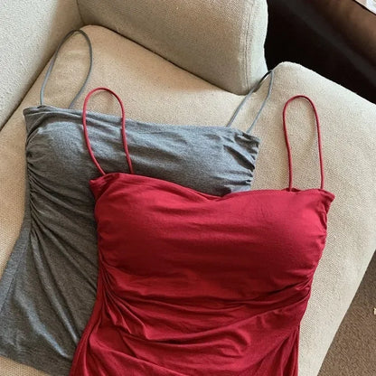 Women With Built In Bra Spaghetti Strap Tanks Summer Camis Tank Casual Tops  For Woman Solid Color Female Korean Style