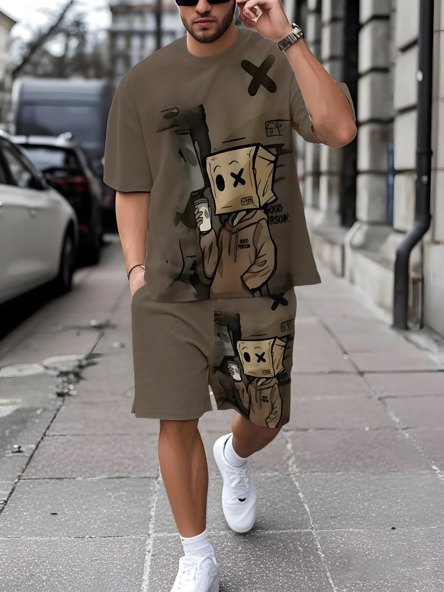 New European & American Style Men's Summer Loose-Fit Set Men's Crew Neck Short-Sleeve Top & Athletic Casual Shorts Two-Piece Set
