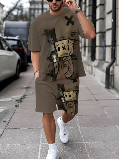 New European & American Style Men's Summer Loose-Fit Set Men's Crew Neck Short-Sleeve Top & Athletic Casual Shorts Two-Piece Set