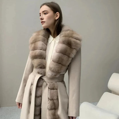 CNEGOVIK Natural Fox Fur Winter Cashmere Wool Coat Women Fur Coat Women Luxury Real Fur Warm Winter Jackets Cashmere Fur Jacket