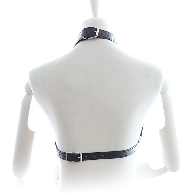 Erotic Leather Bra with Metal Chain Link BDSM Restraint, Black Leather Neck Cover with Chain Bra, Nightclub Performance Costume