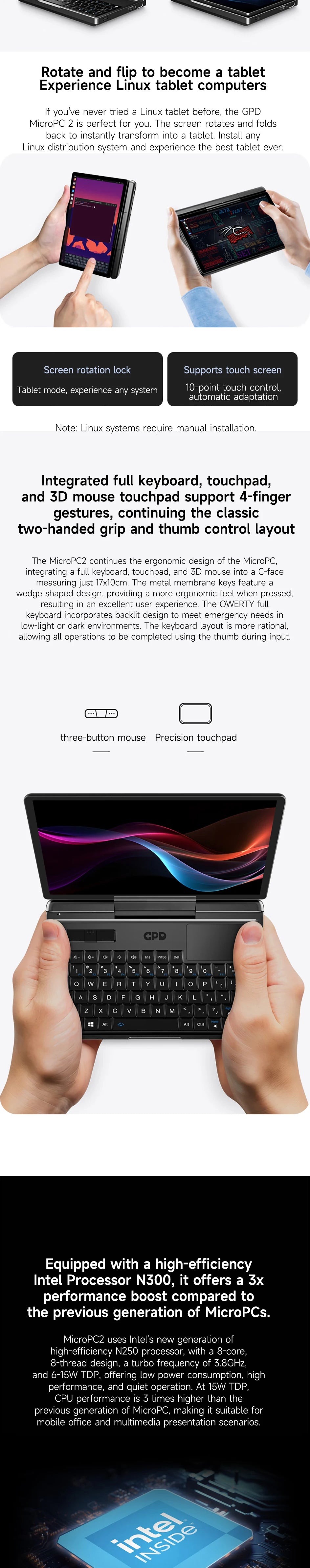 GPD MicroPC 2  2025  7-inch  Intel i3-N300 Windows 11 24H2 Pro Edition  16GB RAM | 512GB/1TB/2TB/4TB SSD  Palm-sized Mini Laptop