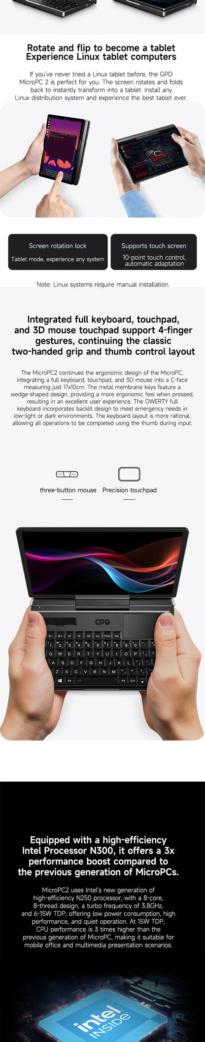 GPD MicroPC 2  2025  7-inch  Intel i3-N300 Windows 11 24H2 Pro Edition  16GB RAM | 512GB/1TB/2TB/4TB SSD  Palm-sized Mini Laptop