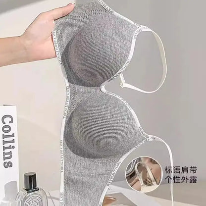 6cm Thickened Push-Up Bra for Small Chest Wireless No Steel Ring Letter Print Adjustable Straps Anti-Slip Pads Seamless Lingerie
