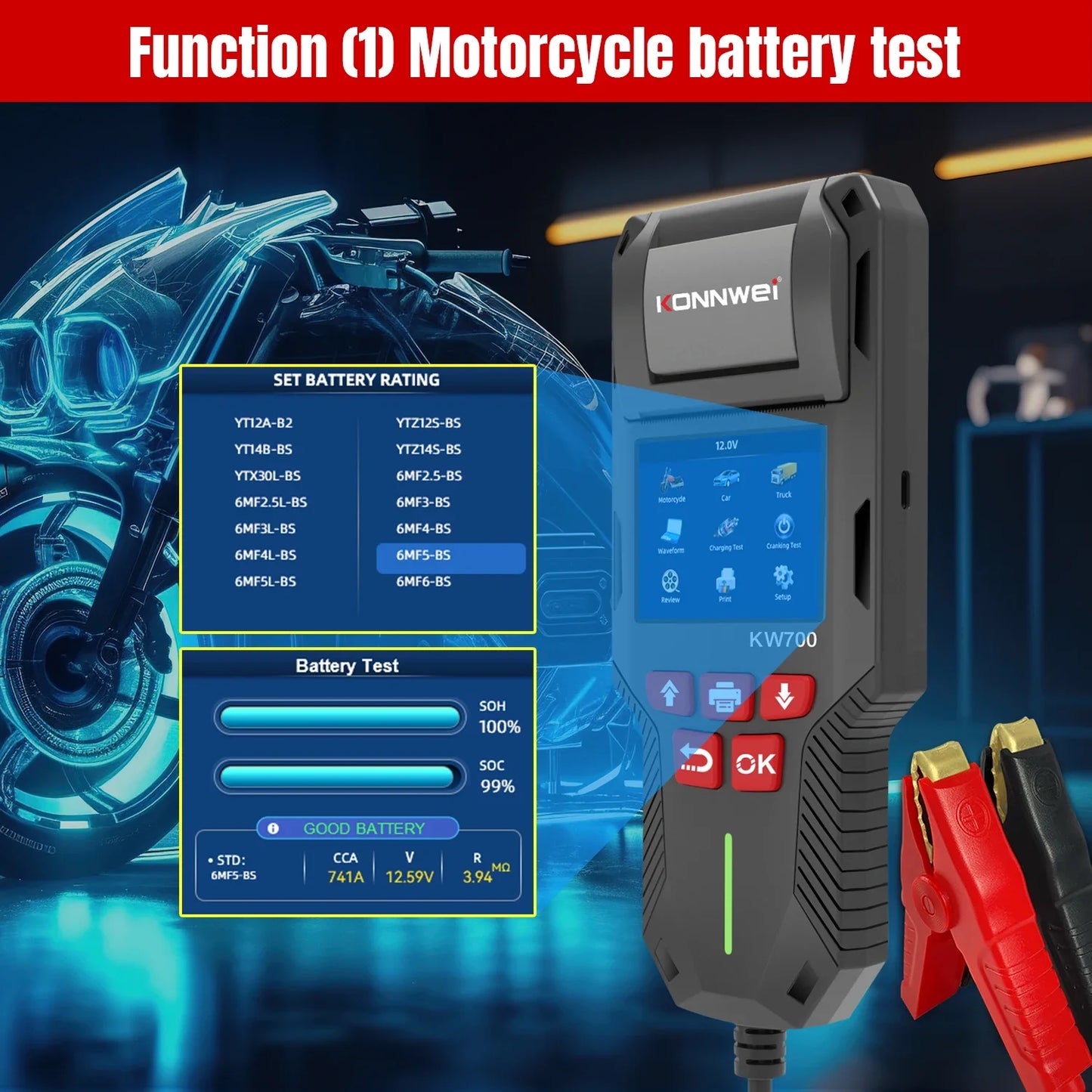 KONNWEI KW700 12/24V Car Truck Battery Tester 10-2000CCA With Printer Cranking Charging Test Tool Battery Analyzer Cranking Test