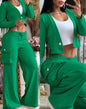 Autumn Fashionable And Elegant Solid Color Women's Suit Long-sleeved V-neck Short Coat Pocket Wide-leg Drawstring Trousers Suit