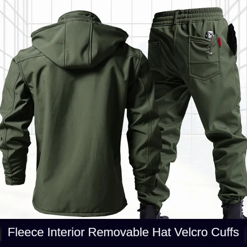 Autumn And Winter Solid Color Hooded And Velvet Assault Set Outdoor Labor Protection Suit Casual Mountaineering Work Suit
