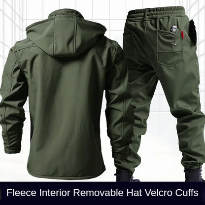 Autumn And Winter Solid Color Hooded And Velvet Assault Set Outdoor Labor Protection Suit Casual Mountaineering Work Suit
