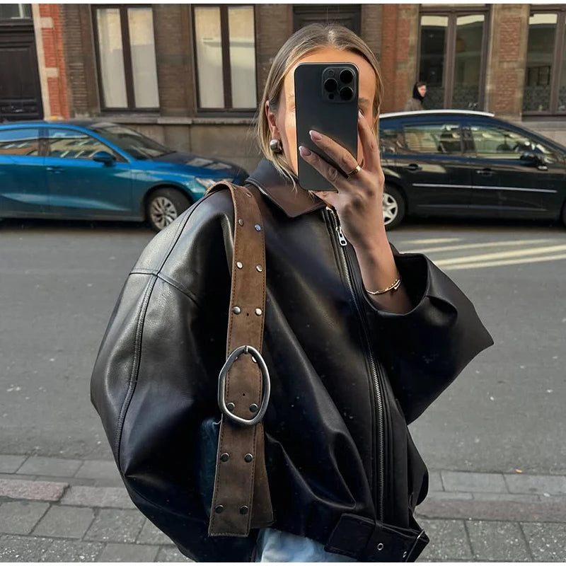 Street Women's Belt Leather Jackets Loose Lapel Zipper Long Sleeve Pockets Female Coats 2026 Autumn Lady Fashion Y2k Outwear