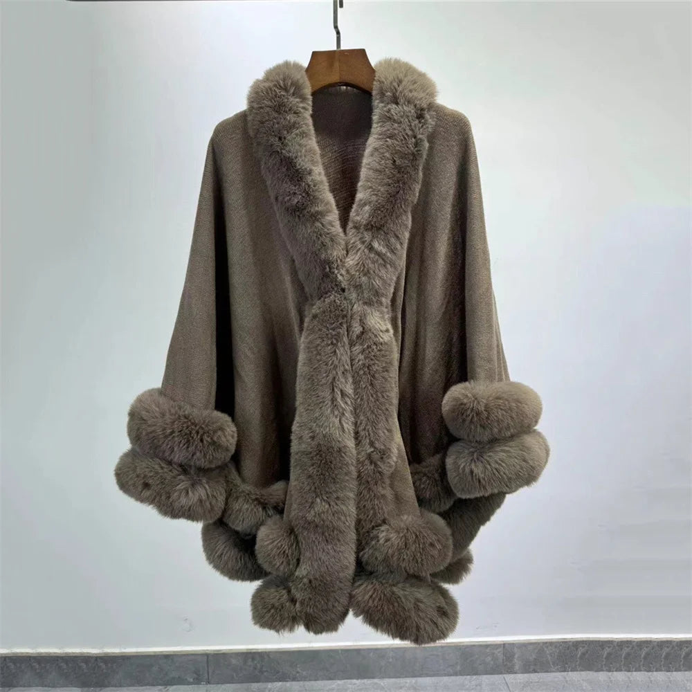 2024 Women 2 Circle Wraps Long Faux Rabbit Fur Cape Poncho Winter Loose Thick Warm Shawl Outerwear Knitted Cloak Overcoat