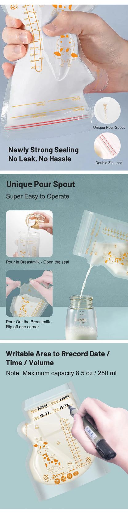 30/60 Pack 250ml BPA Free Milk Storage Bags Safe Breast Milk and Baby Food Freezer Bags for Easy Feeding