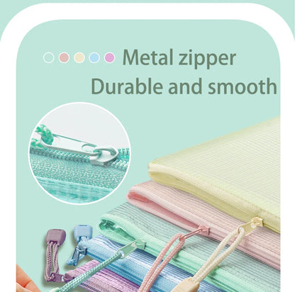 5pcs Mesh Zipper Pouch Document Bag Waterproof Zip File Folders A4 School Office Supplies Pencil Case Storage Bags