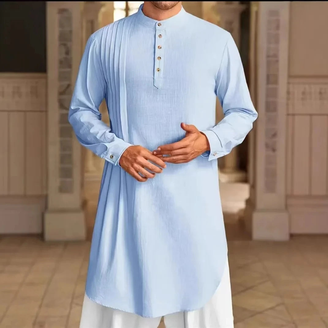 Men's Muslim Dress Long-sleeved Clothing 100% Cotton Pullover Kaftan Robe Men Jubba Thobe Pakistan Saudi Arab Caftan Islamic Top