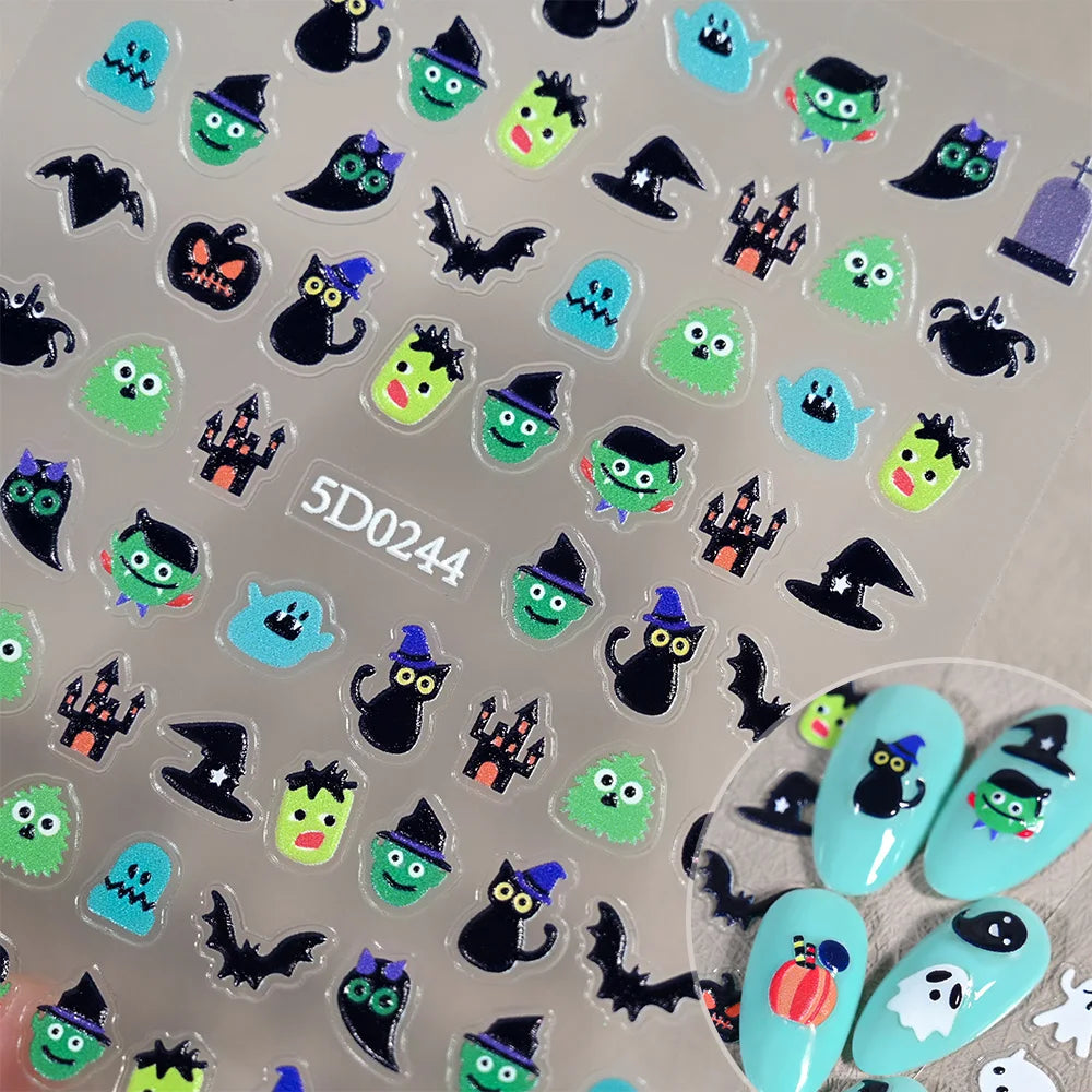 1sheet 5D Halloween Nail Stickers Pink/Green/Black Cartoon Pattern Nail Art Slider DIY For Sweet Cool Girl Cute Nail Decoration