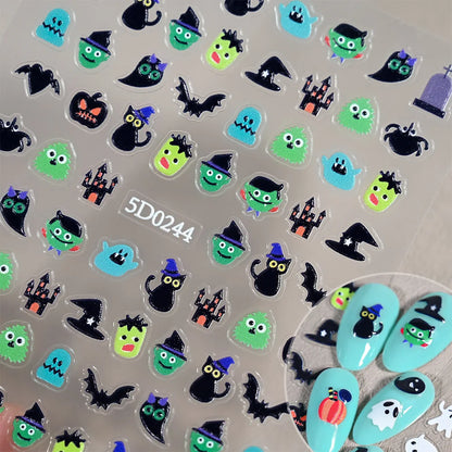 1sheet 5D Halloween Nail Stickers Pink/Green/Black Cartoon Pattern Nail Art Slider DIY For Sweet Cool Girl Cute Nail Decoration