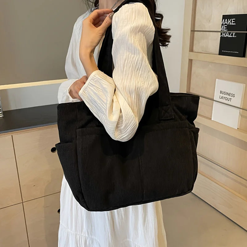 Large Capacity Women's Corduroy Tote Bag Casual Striped Shoulder Bag with Fixed Straps Zipper Handbag for Daily Commuting