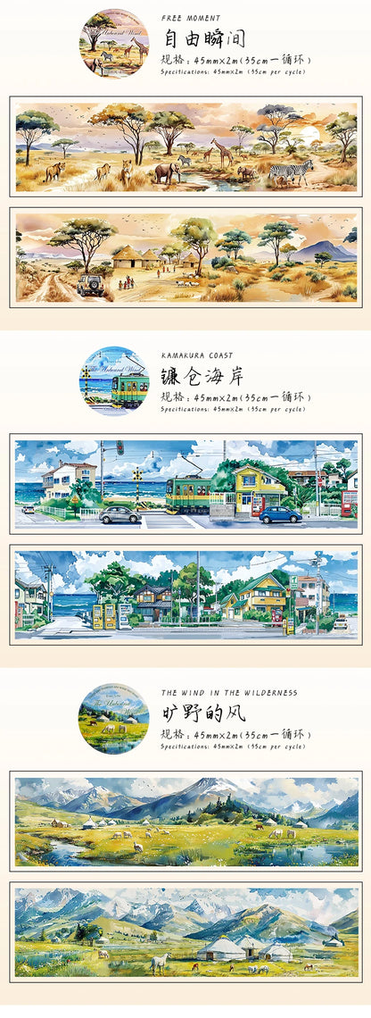 45mm * 2m Free Wind Series Retro Watercolor Landscape PET Stickers Creative Decor DIY Diary Scrapbook Collage Aesthetic Supplies