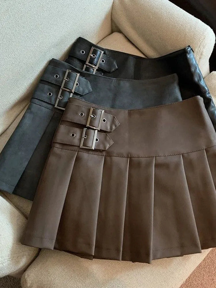 S-3XL Y2K Pu Leather Mini Skirts Women Streetwear High Waist Pleated Skirt Vintage Korean Black Slim Casual A Line Skirts