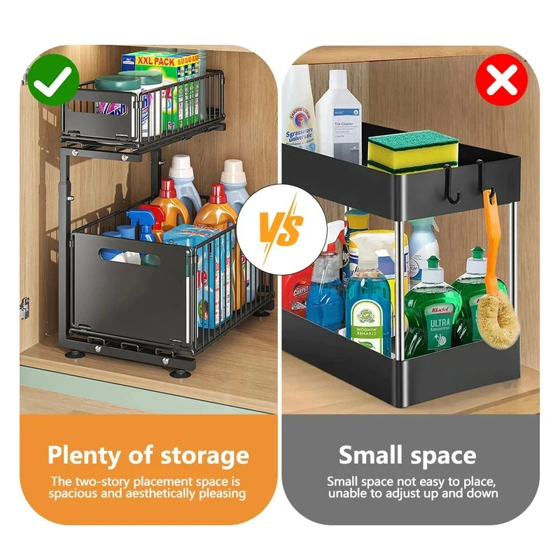 2 Tier Pull Out Cabinet Organizer Adjustable Under Sink Storage Rack Slide Out Drawer Kitchen Spice Jar Storage Shelf