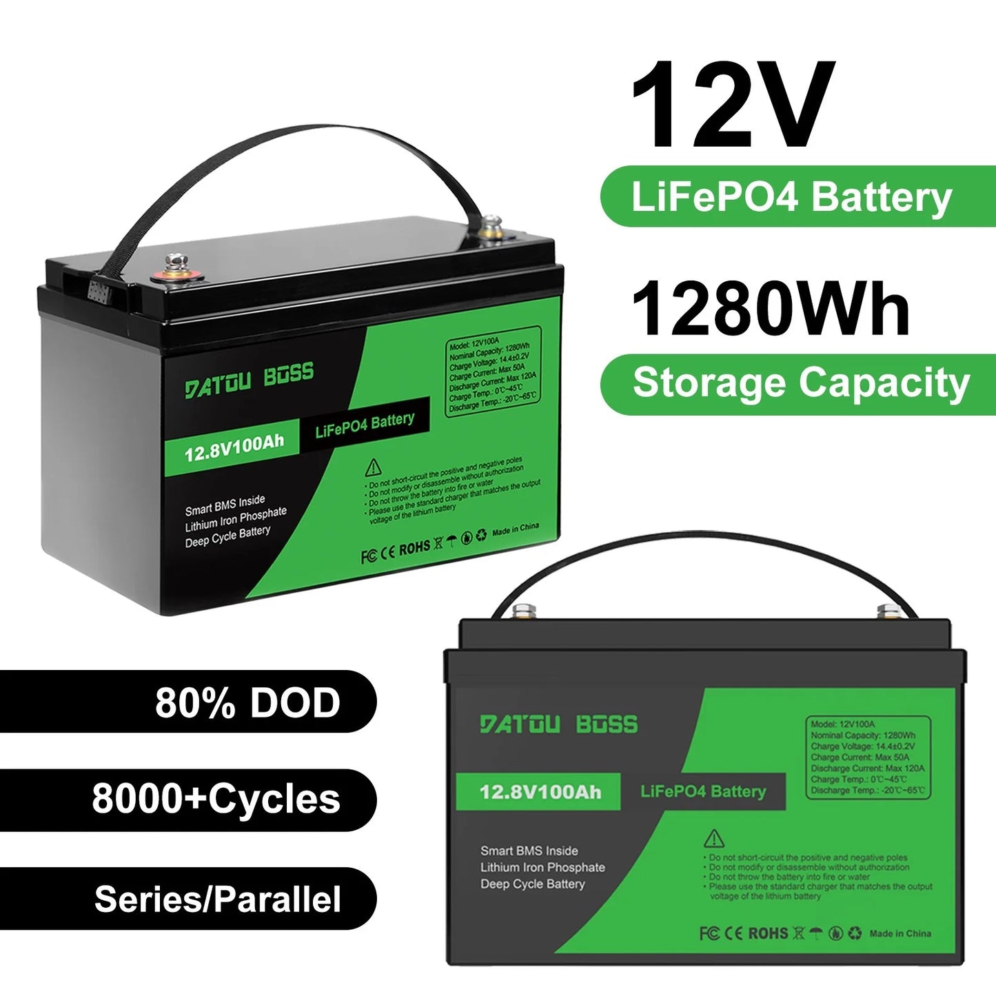 DATOUBOSS 12V100Ah Deep Cycle Lithium Iron Phosphate Battery Built-in Intelligent BMS For RV Golf Cart Boat Solar System NO TAX