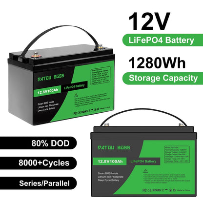 DATOUBOSS 12V100Ah Deep Cycle Lithium Iron Phosphate Battery Built-in Intelligent BMS For RV Golf Cart Boat Solar System NO TAX