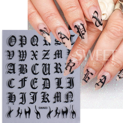 6pcs Gothic Letter Nail Decal English Alphabet Roman Word Design Foils Wraps 3D Fashion Y2K Design Decor Stickers Manicure Tips