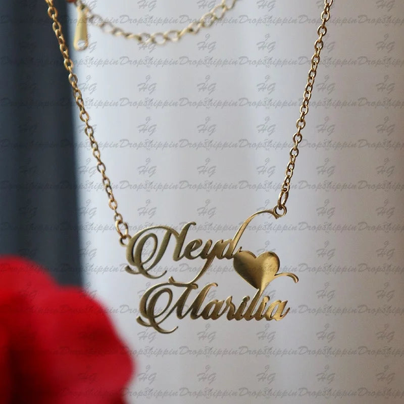 Personalized Two Name Necklaces With Heart Stainless Steel Custom Letter Couple Necklace Choker  Stainless Steel Wedding Gift