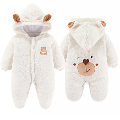 Cute Plush Bear Baby Boy Romper Infant Girl Overall Jumpsuit Autumn Winter Warm Fleece Hooded Baby Rompers Newborn Clothes 0-12M